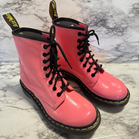 DR. MARTENS Womens 1460 Bubblegum Pink Lace Up Patent Leather Barbiecore… - Picture 1 of 7